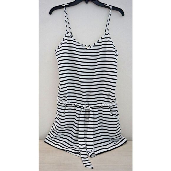 J. Crew Women's Sz XS White/Black Striped Spaghetti Strap Romper w/Tie Detail - Picture 1 of 7